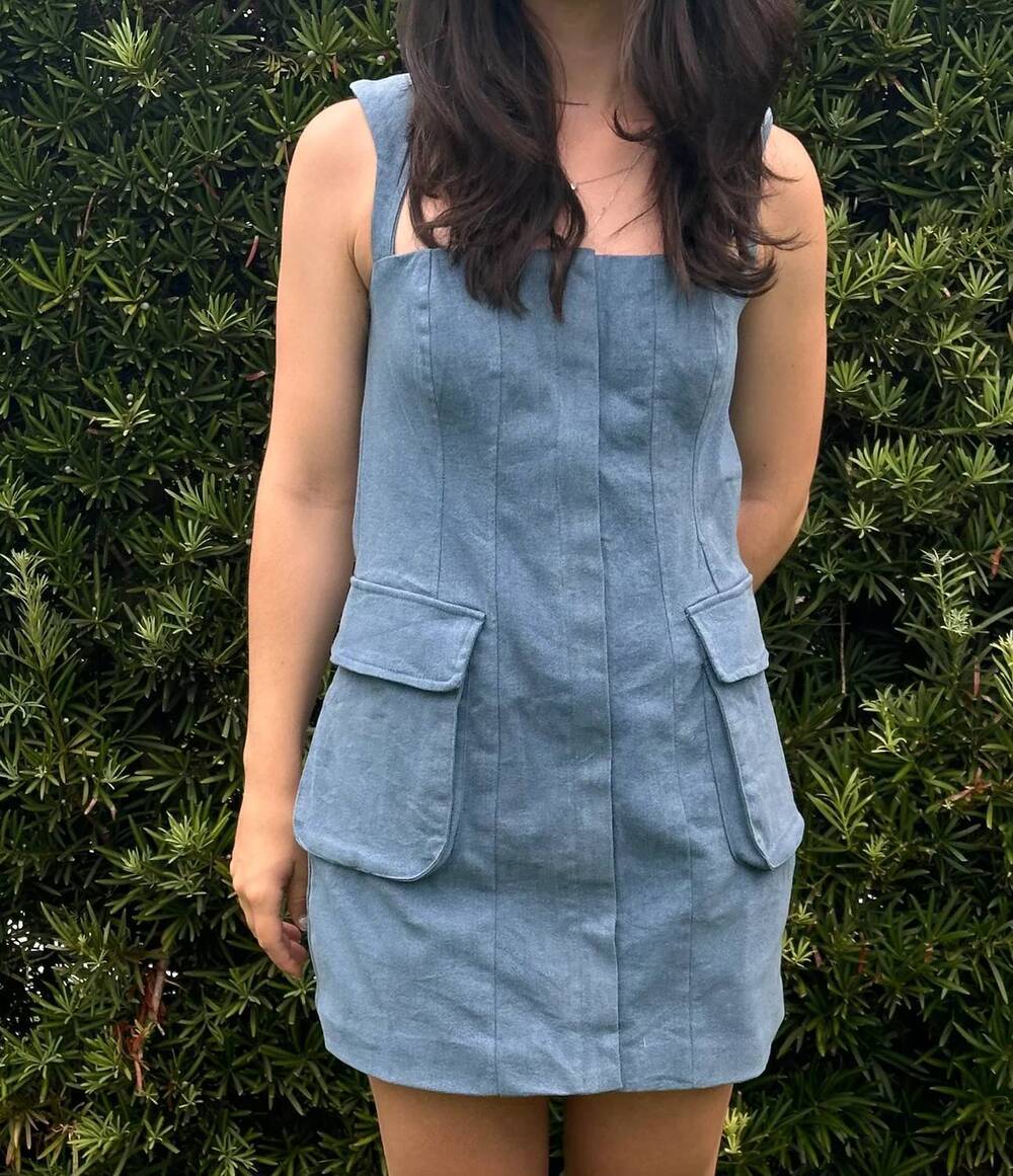NEW SKY TO MOON denim back tie mini dress in blue